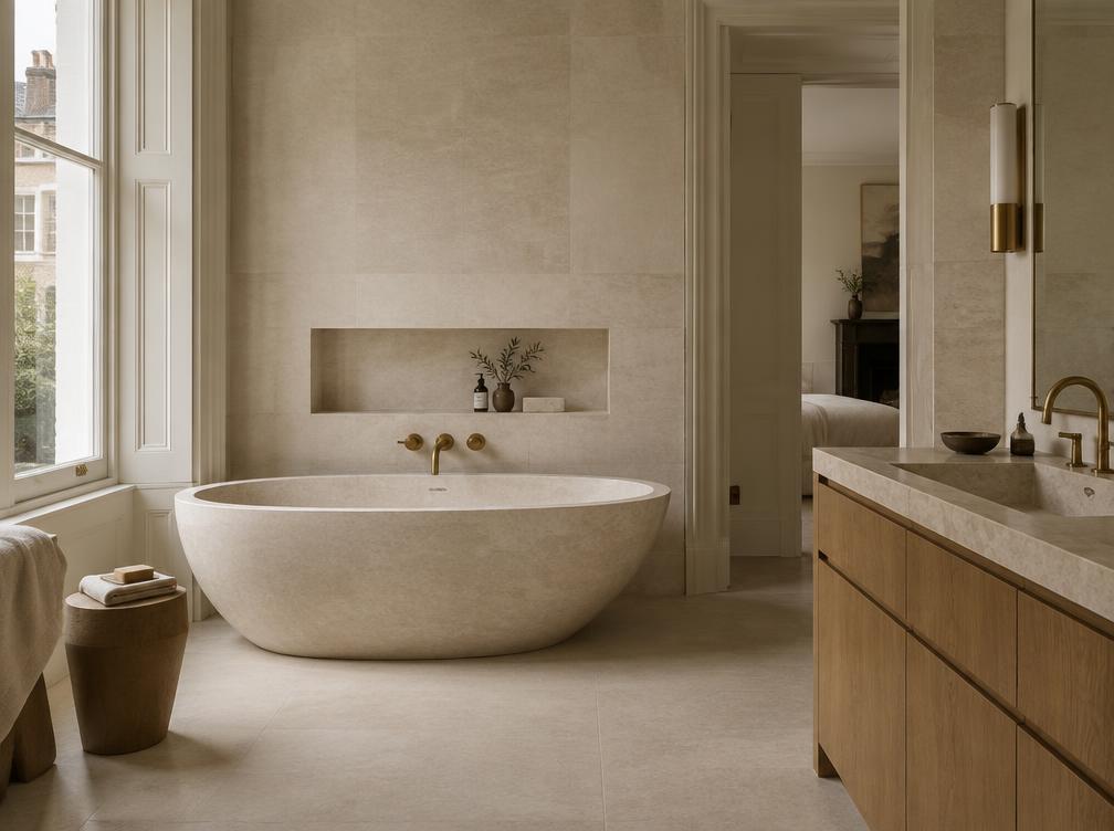 Limestone bathroom with brushed brass fittings