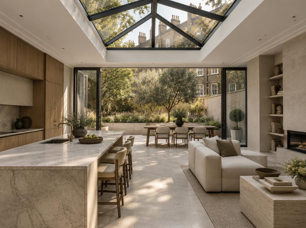Open-plan townhouse extension with a glazed roof